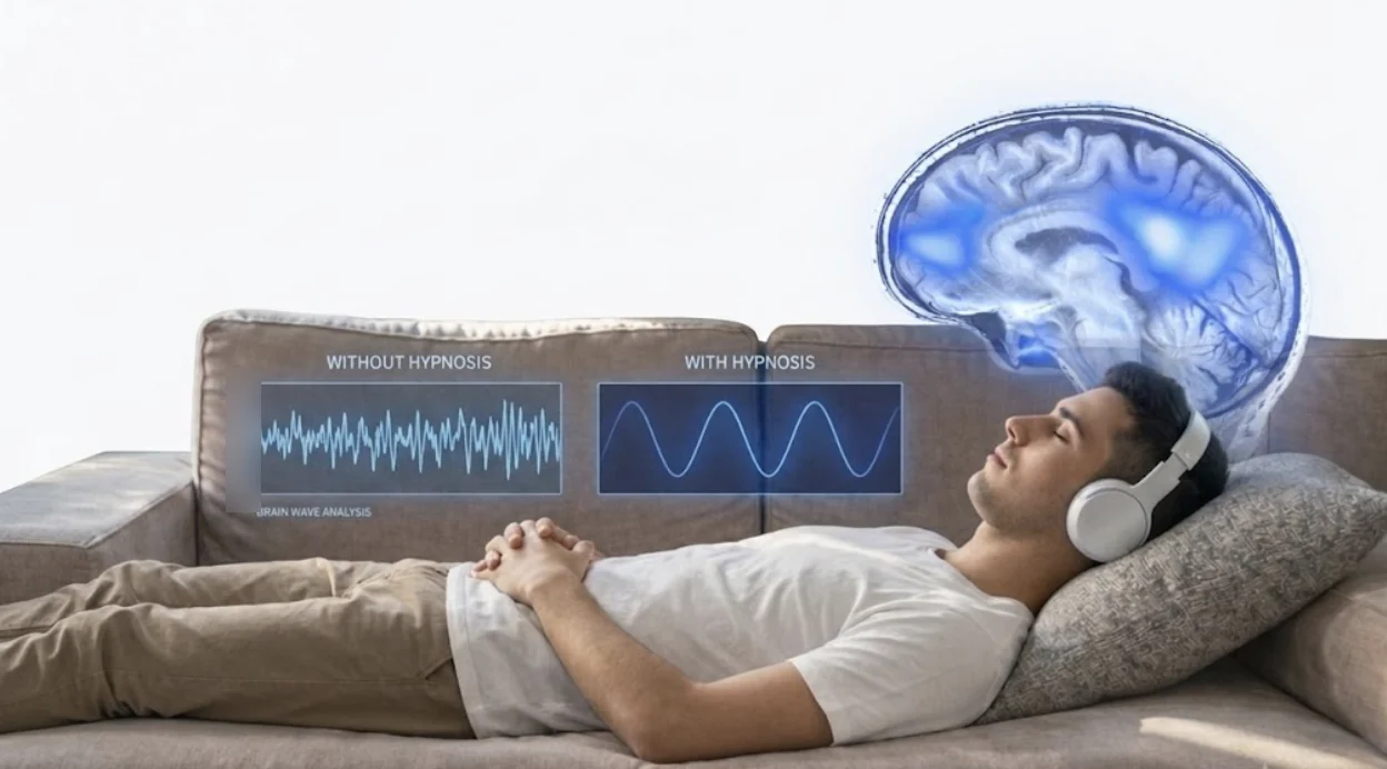A person resting with headphones on a sofa, beside a brain scan illustration and a comparison of brain wave patterns with and without hypnosis