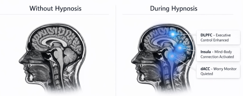 Brain activity without hypnosis versus during hypnosis, showing the DLPFC, insula and dACC